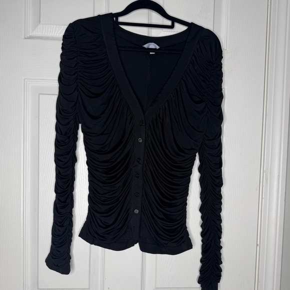 WHO WHAT WEAR Black Ruched Button Front Long Sleeve Blouse Size L - Picture 2 of 5